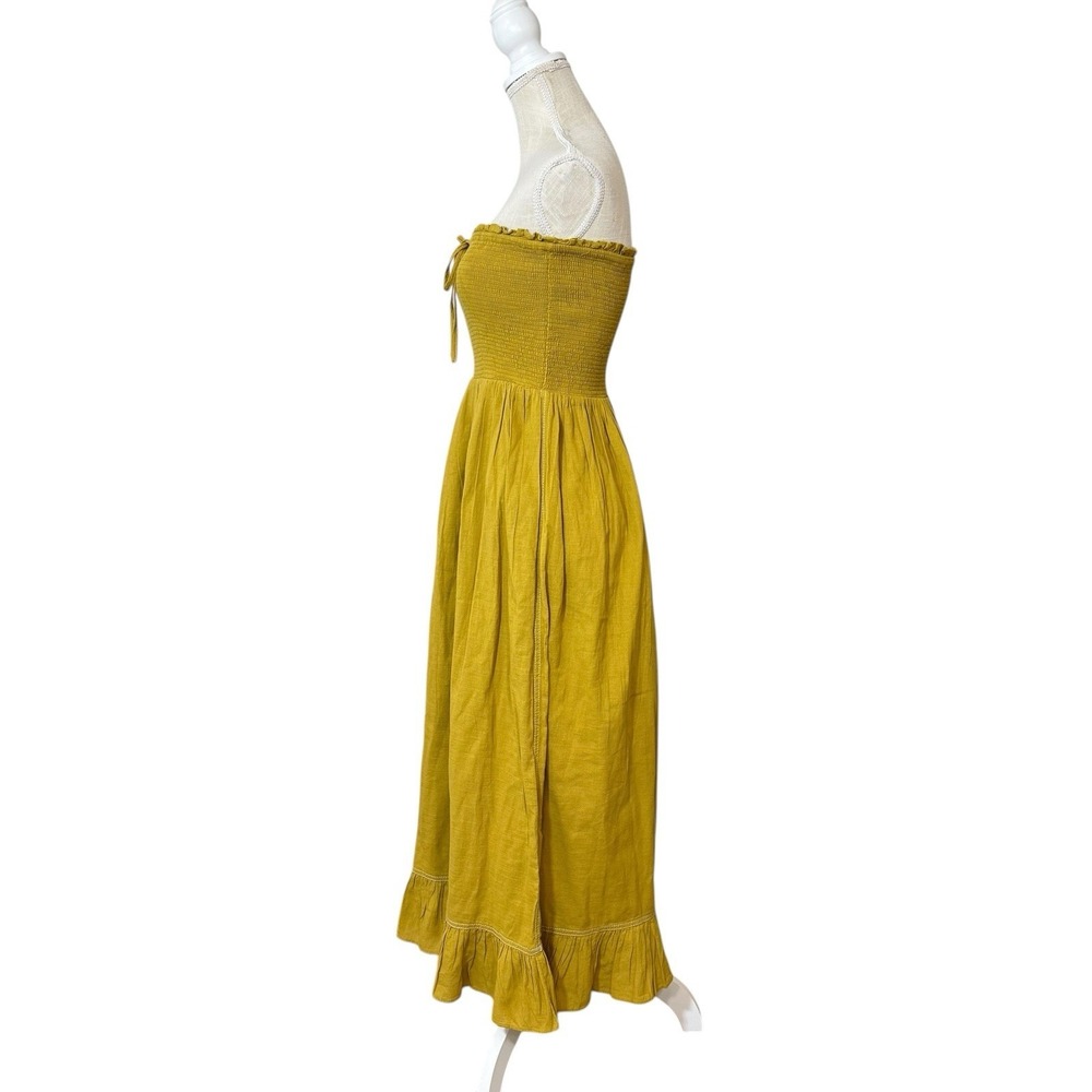 Urban Outfitters Penny Smocked Midi Dress Strapless Yellow Ruffle Cotton Sz M - Picture 2 of 12